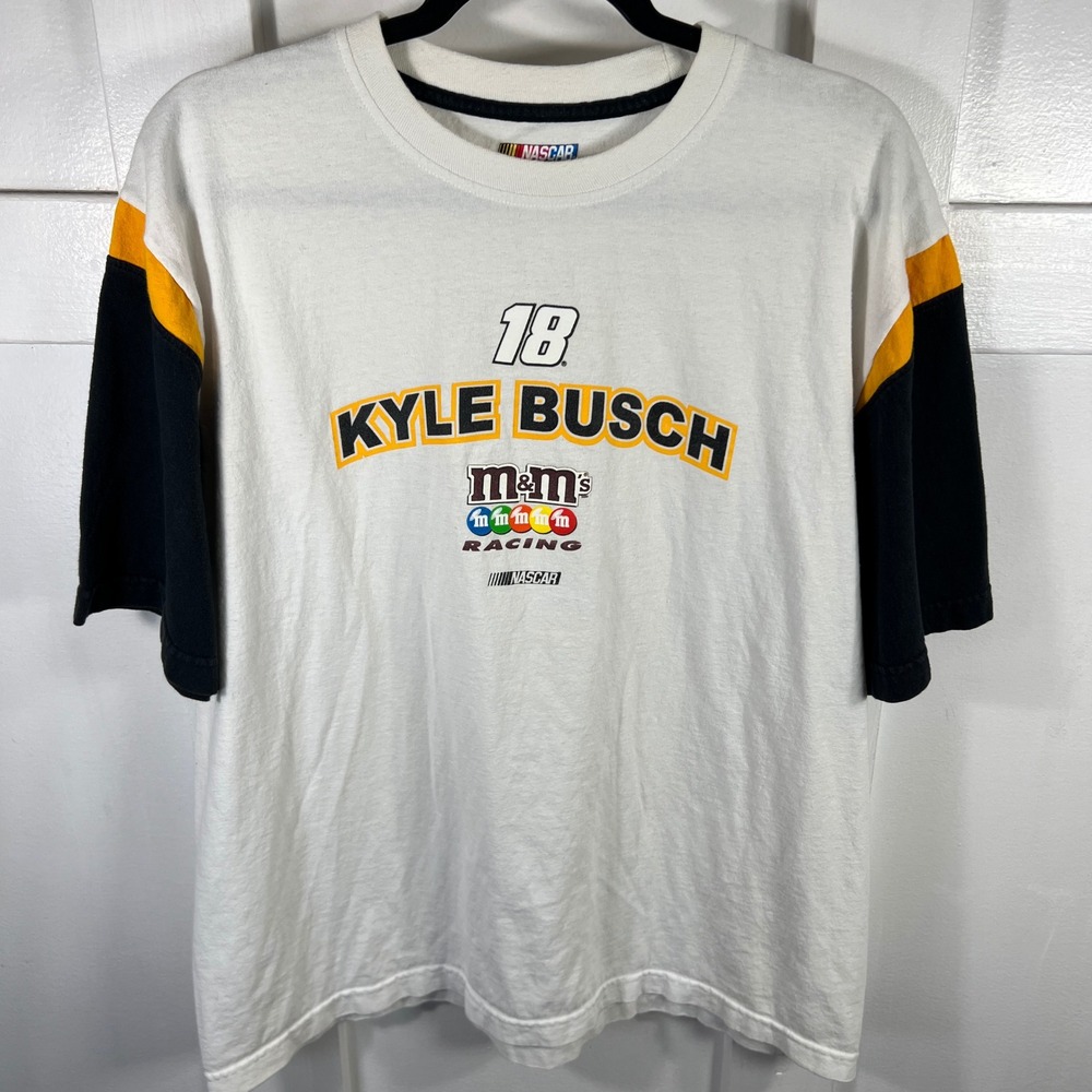 Vintage NASCAR Kyle Busch 18 M&Ms Racing T-Shirt White Black Orange Mens Large